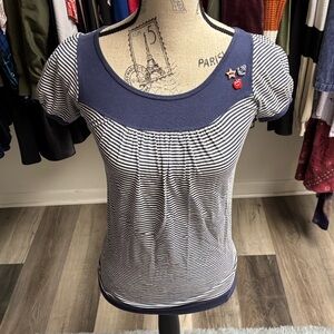 Y2k Rare Navy & White Striped Tee with Decorative Button